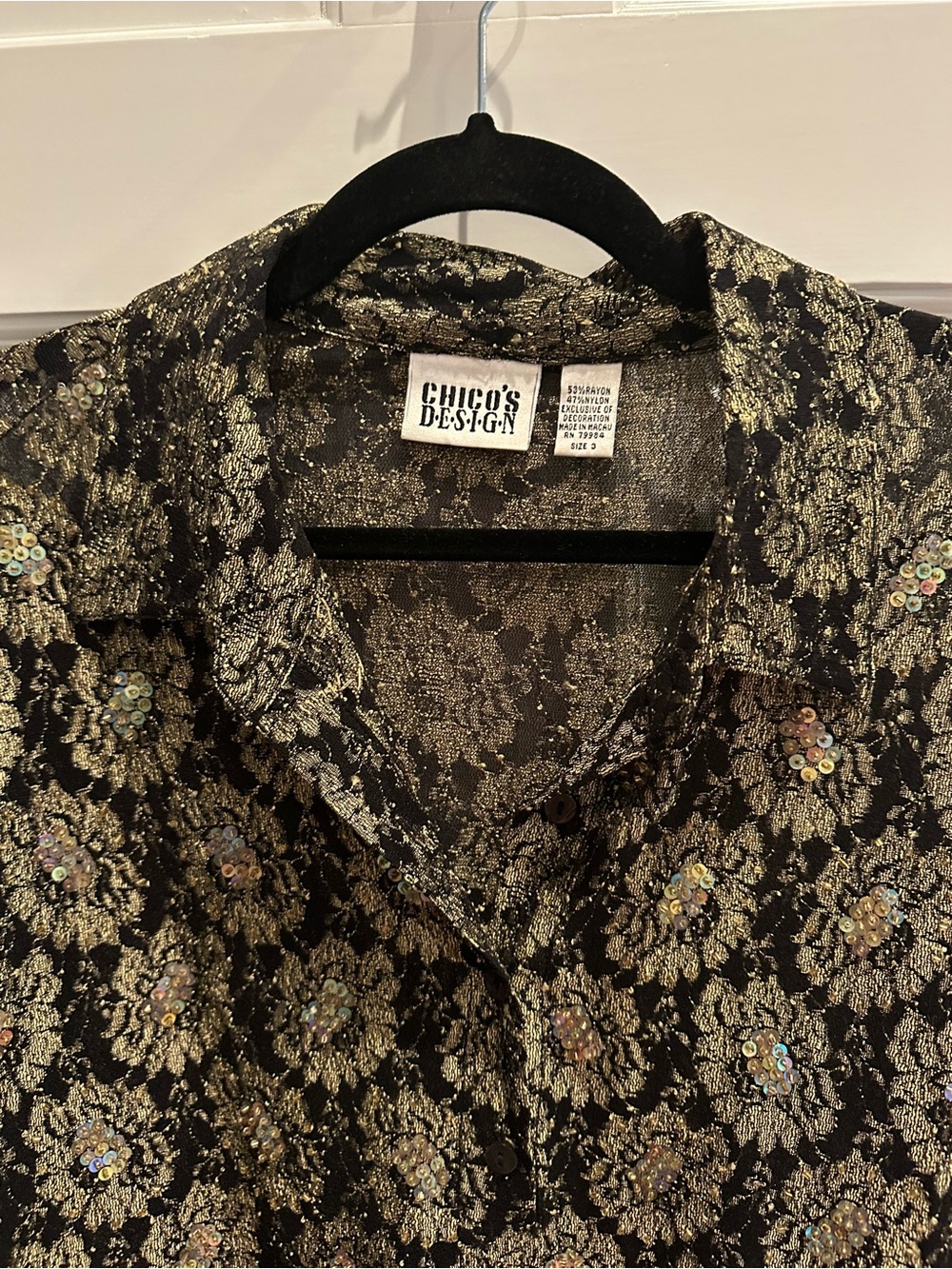 Vintage 90s Chico's Black and Gold Brocade Button-Down Shirt